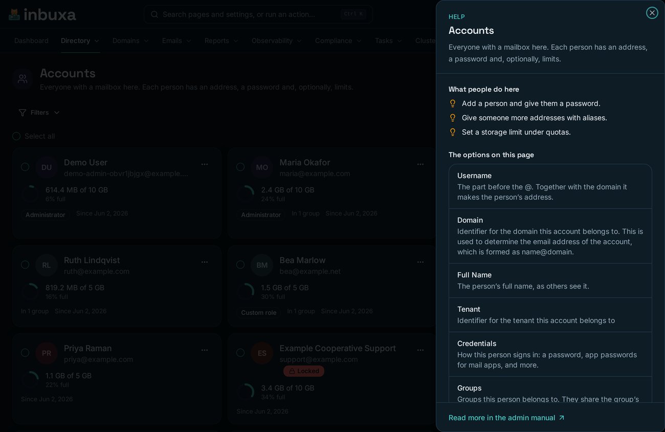 A help panel open beside the accounts, shown as cards, explaining what people do on the page and then every field on it, from username and domain through credentials and groups, with a link to read more in the admin manual.