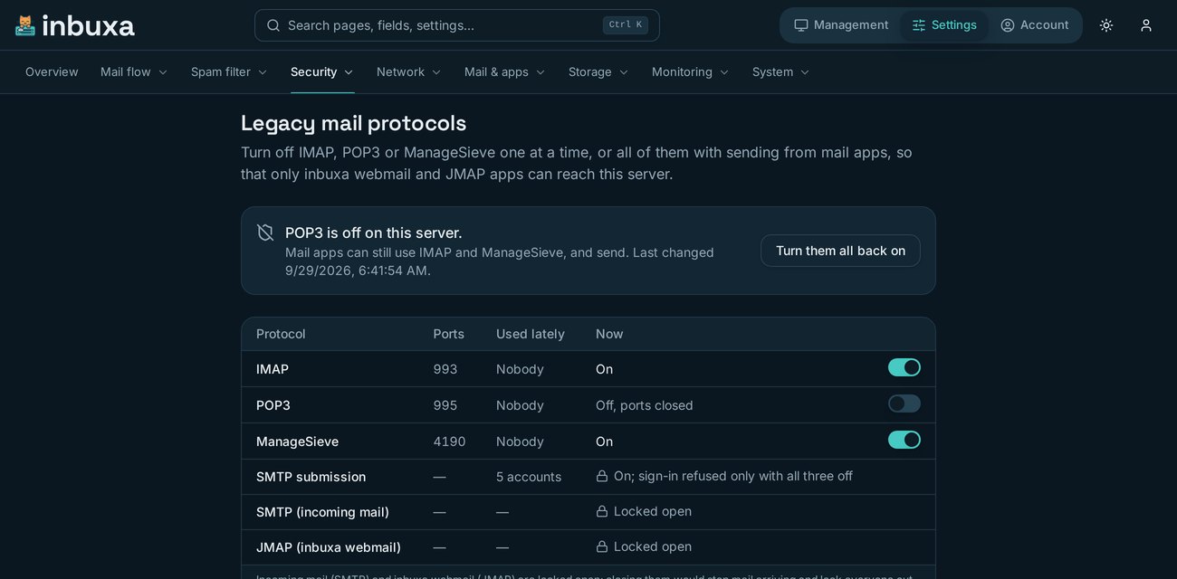 A page called &ldquo;Legacy mail protocols&rdquo; with POP3 switched off and IMAP and ManageSieve on, each row showing its port and who used it lately, and incoming mail and JMAP locked open.