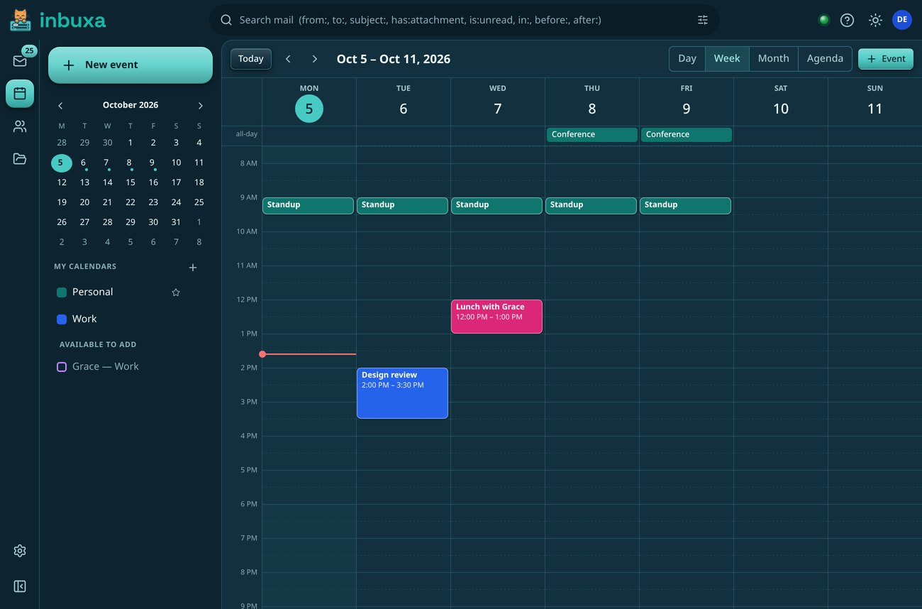 A week view of the calendar with a personal and a work calendar, a colleague's calendar available to add, and events laid out across the week.